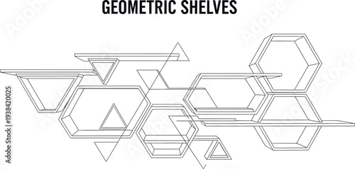 Abstract line art illustration featuring modern geometric shelves on white.