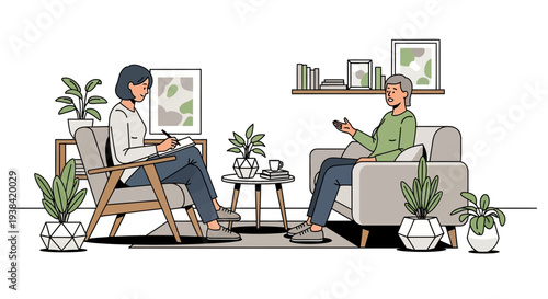 Woman talks to male therapist sitting.