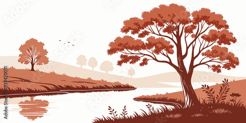 A serene landscape featuring a tranquil lake and a towering tree on the shore Vector