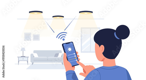 Woman using smartphone with smart home.