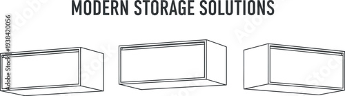 Conceptual line art illustrating modern storage solutions with three wall-mounted cabinets