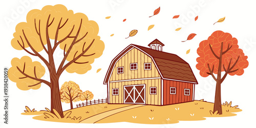 A picturesque autumn scene with a charming house surrounded by colorful trees. Vector