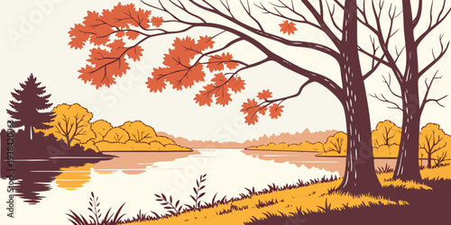 A serene autumn landscape with vibrant trees and a calm river. Vector