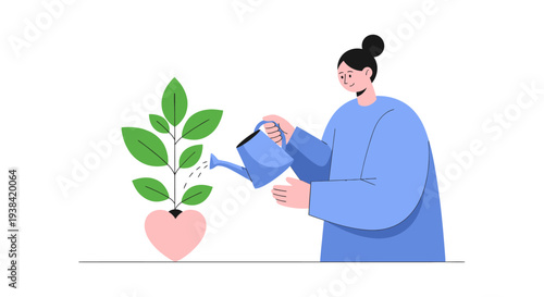 Woman Watering Green Plant Leaves.
