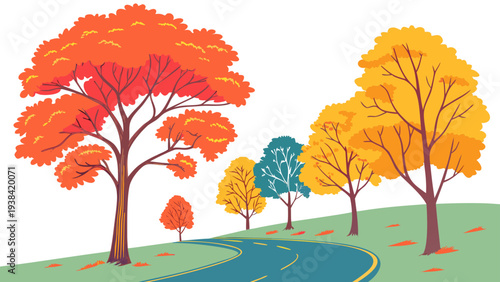 Vibrant autumn trees with colorful foliage and a serene pond in the background Vector