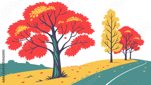 Vibrant autumn trees lining a winding road in a scenic countryside landscape Vector