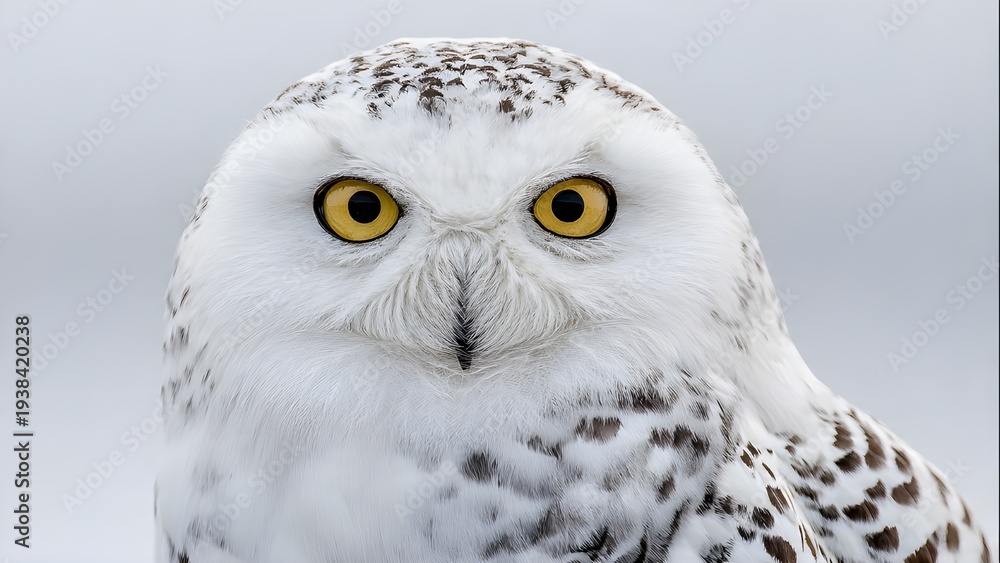 Obraz premium Close up portrait of a majestic snowy owl with bright yellow eyes and white feathers