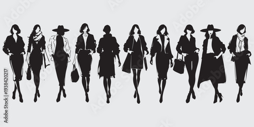 Black Silhouette Women in Trench Coats Blazers Oversized Coats  Minimalist Fashion Illustration Set Vector