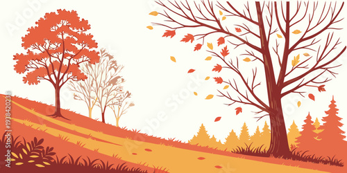 A serene landscape with two bare trees standing on a gentle hillside Vector