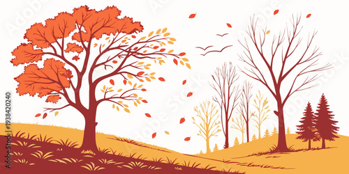 A serene autumn scene with trees shedding their leaves in a gentle breeze. Vector