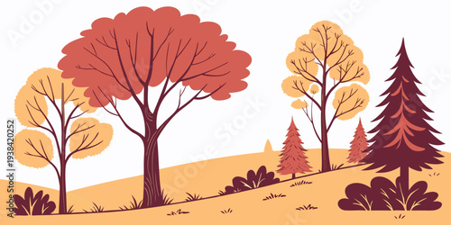 A serene autumn landscape with a few trees and a distant mountain range. Vector