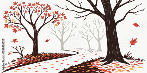 A serene autumn scene with trees shedding their leaves on a quiet path. Vector