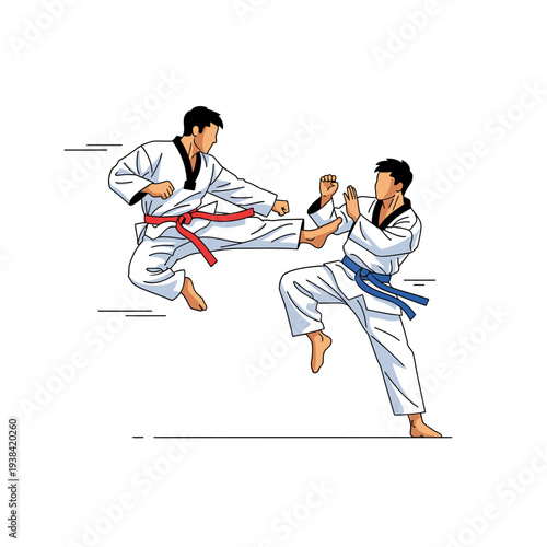 Dynamic Taekwondo Fight: Two Martial Artists in Action, Kicking and Blocking