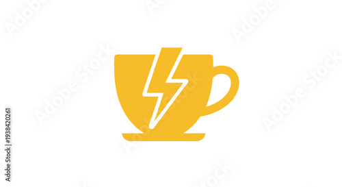 Yellow coffee cup with lightning bolt.
