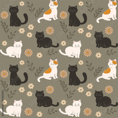 Cute cat seamless pattern with black, white and orange cats, flowers and leaves on neutral background