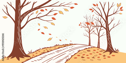 A serene landscape featuring two trees with sparse leaves and a winding path. Vector