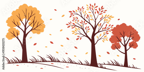 A serene autumn scene with trees shedding their leaves in a peaceful forest. Vector