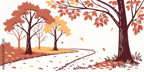 A serene autumn scene with trees shedding their leaves on a winding path Vector
