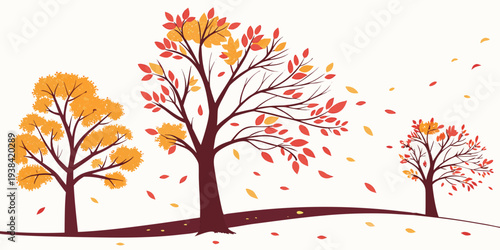 A serene autumn scene with colorful trees and a clear blue sky. Vector