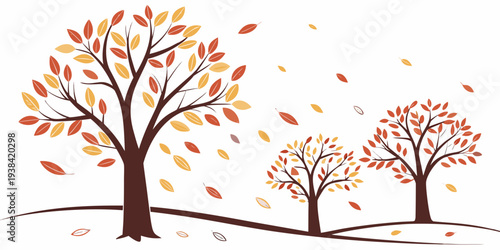A serene autumn scene with trees shedding their orange and yellow leaves. Vector