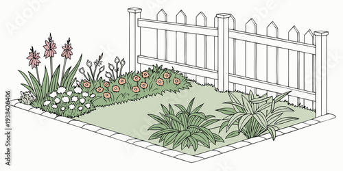 A charming white picket fence surrounded by lush green plants and flowers Vector