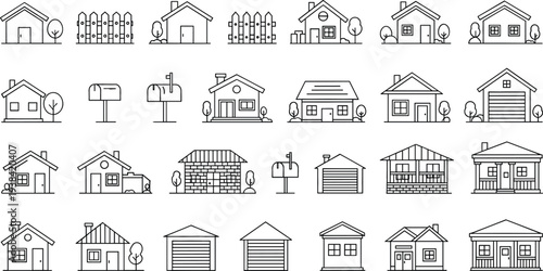Residential House and Neighborhood Line Icon Set with Homes, Garages, Mailboxes, Fences and Suburban Property Architecture Collection