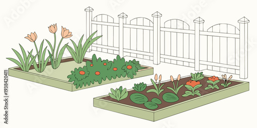 A vibrant illustration of various gardening tools and plants in a garden setting Vector