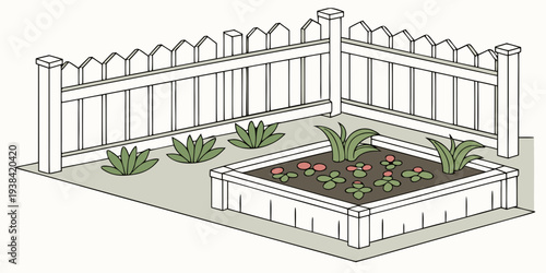 A detailed architectural drawing of a modern house with a garden and a patio. Vector