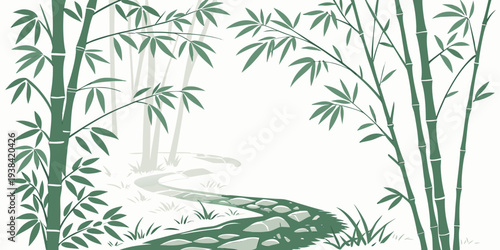 A serene landscape with tall bamboo trees and a tranquil pond in the background Vector
