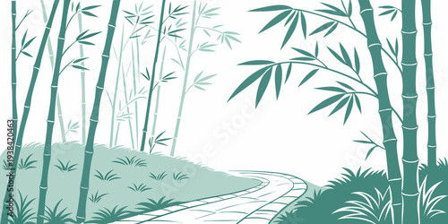 Serene bamboo forest with a tranquil stream flowing through it Vector
