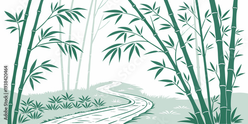 Serene bamboo forest with a tranquil stream and lush greenery Vector