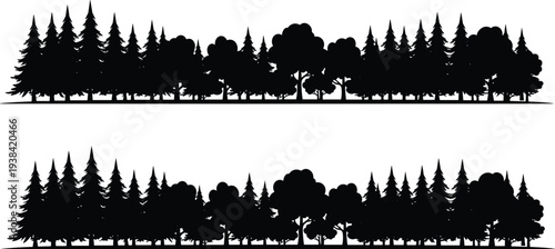 Black silhouette of a panoramic forest tree line with mixed coniferous and deciduous trees isolated on white background for website headers and nature borders.