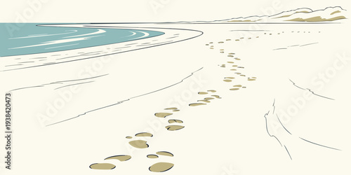 A serene beach scene with footprints leading towards the horizon and the ocean Vector