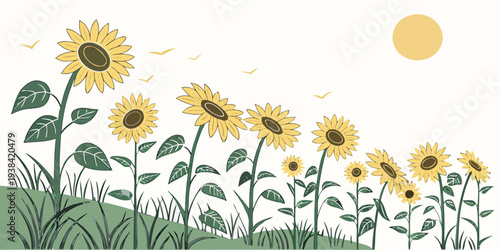 A vibrant field of sunflowers under a clear blue sky with a bright sun Vector