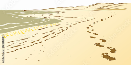 Aerial view of a long, winding river cutting through a vast desert landscape. Vector