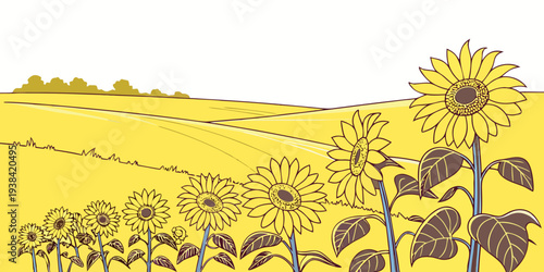 A serene landscape of golden wheat fields under a clear blue sky with scattered trees. Vector