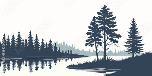 Serene landscape featuring a tranquil lake surrounded by tall pine trees under a clear sky Vector