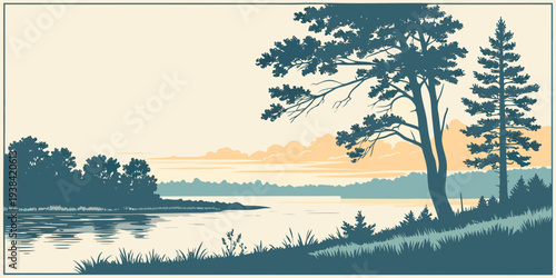 A serene landscape with a lone tree standing by the water's edge at sunset Vector