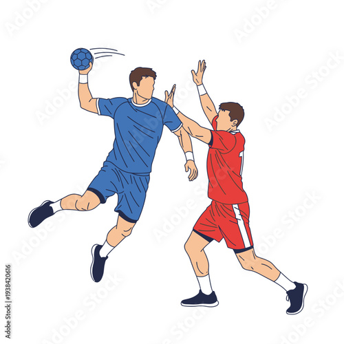 Handball players, athlete jumping, attacking, defending, team sport, action shot