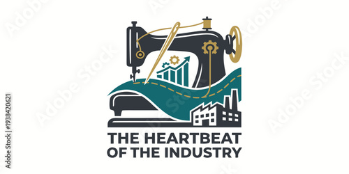 Vintage sewing machine combined with industrial imagery and a rising graph