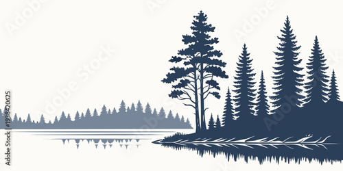 A serene landscape with tall trees and a calm body of water in the foreground Vector