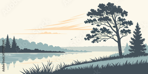 A serene landscape with a lone tree standing tall near a tranquil lake at sunset Vector