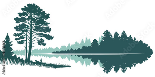 Serene landscape featuring a calm lake with a dense forest in the background Vector