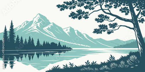 Serene landscape with majestic mountains and tranquil lake surrounded by lush trees Vector
