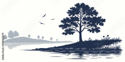 A serene lakeside scene with a solitary tree and flying birds Vector