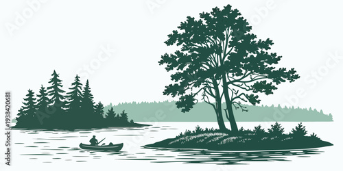 A serene landscape featuring a large tree with a bird perched on a branch overlooking a calm body of water. Vector