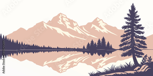 Majestic mountains rise above a serene lake, surrounded by lush green trees Vector