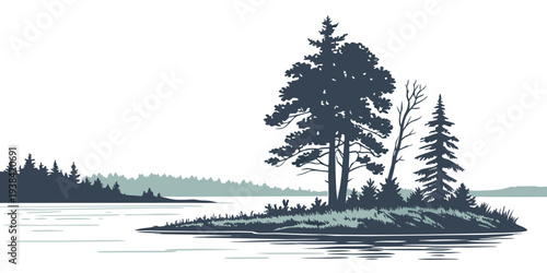 A serene landscape featuring a small island with tall trees and a calm body of water Vector