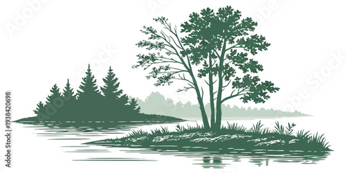A serene landscape featuring a single tree standing tall near a calm body of water Vector
