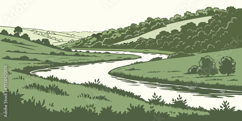 A serene landscape with a winding river flowing through lush green hills and valleys Vector